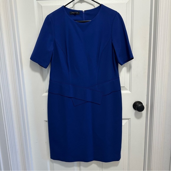 Lafayette 148 Dress Sheath Blue Navy Short Sleeve Knee Length Round Neck Size L - Picture 1 of 5